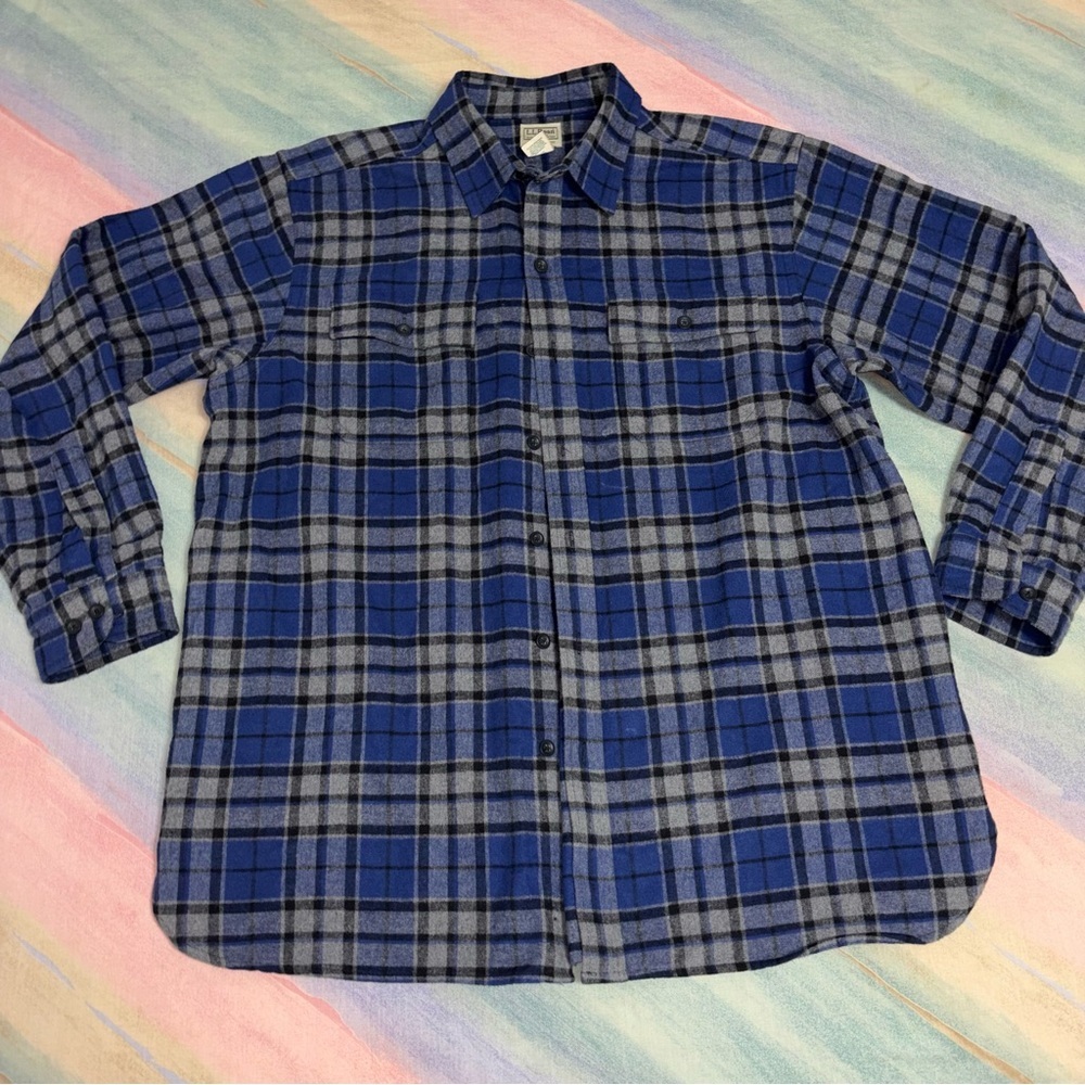 LL Bean Flannel Traditional Fit Blue Plaid Button Up Chamois Cloth Shirt Men XL